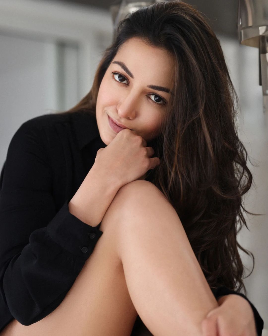 Kollywood Actress Catherine Tresa Long Hair Stills in Black Dress